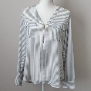 Express Portofino Shirt Blue Gray Stripe V-Neck Roll Sleeve Blouse Size M
